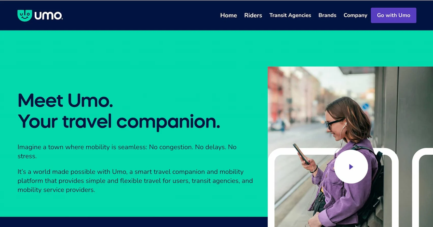 Umo Mobility website homepage introducing the travel platform to riders, transit agencies, and mobility partners