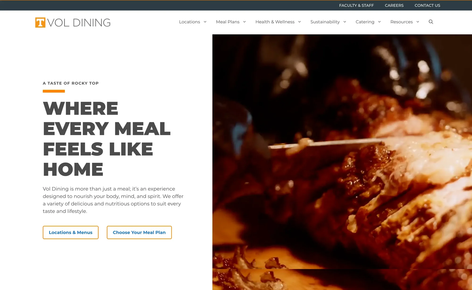 Vol Dining website homepage with dining-location and meal-plan paths