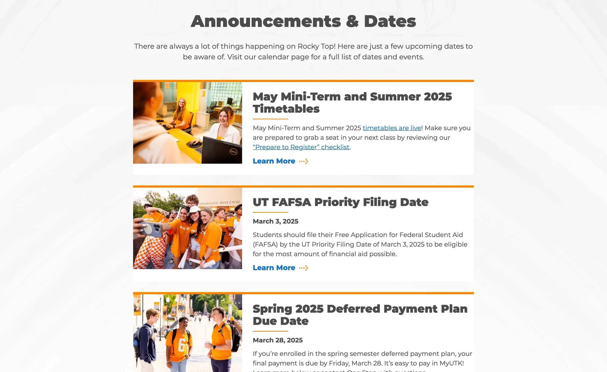 UT One Stop Student Services website homepage