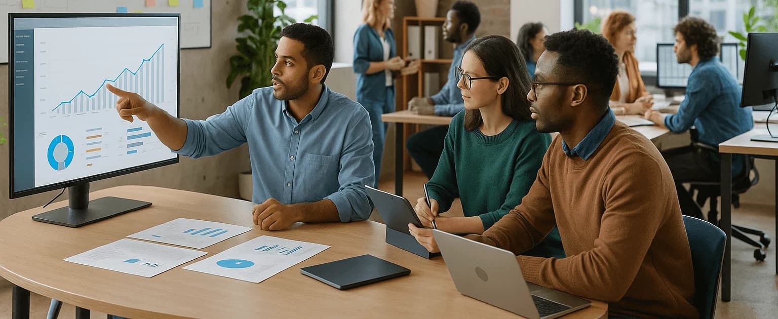 Illustration of an office team discussing charts on a screen.