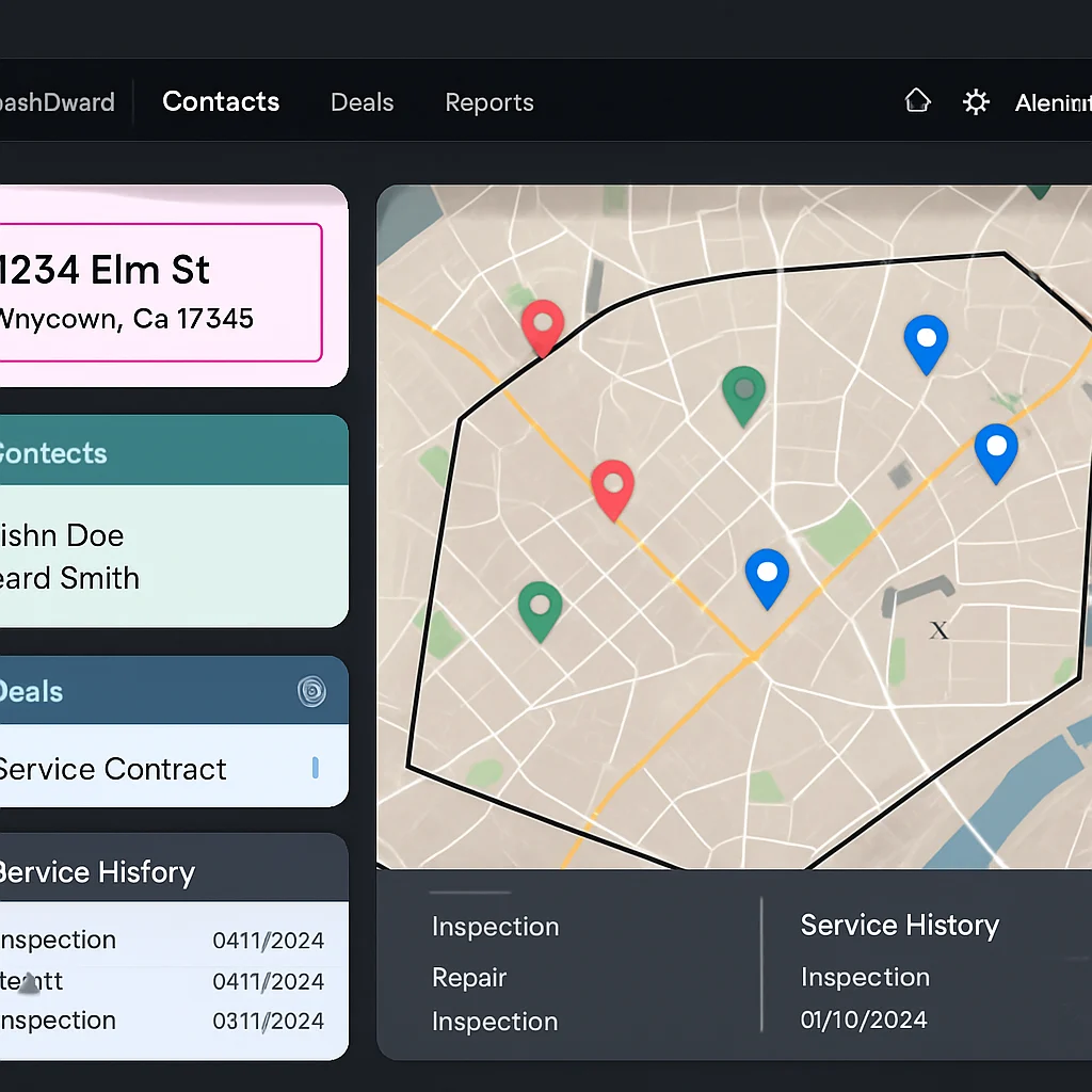 Illustrated address-based CRM interface with a map and service details.