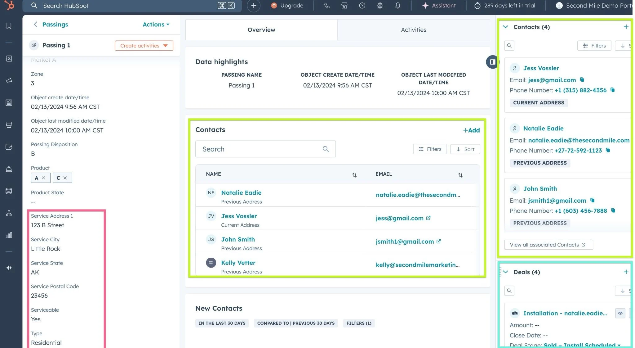 HubSpot demonstration location record showing its map, associated contacts, and service information.