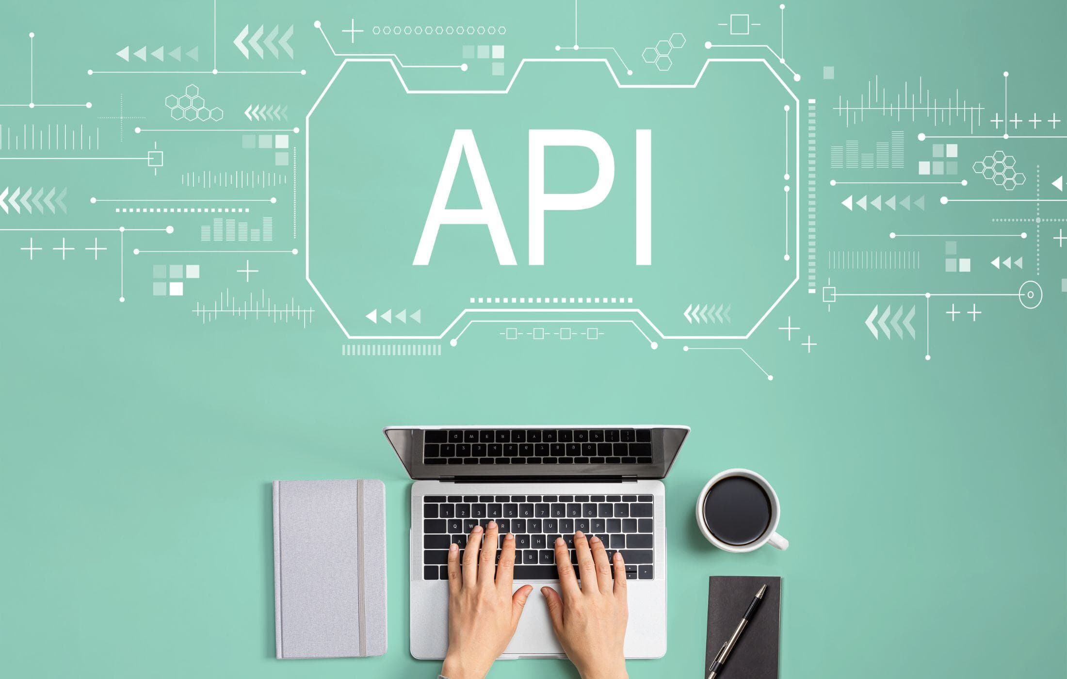 Laptop beneath an API symbol and illustrated data connections.