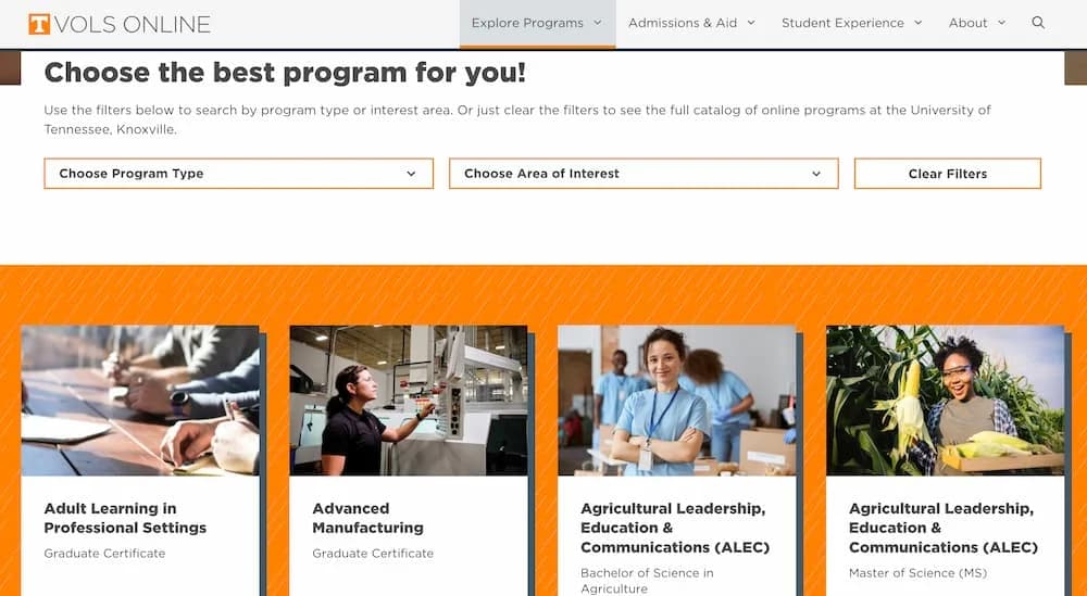 Vols Online program library with category filters and program cards, April 2023.