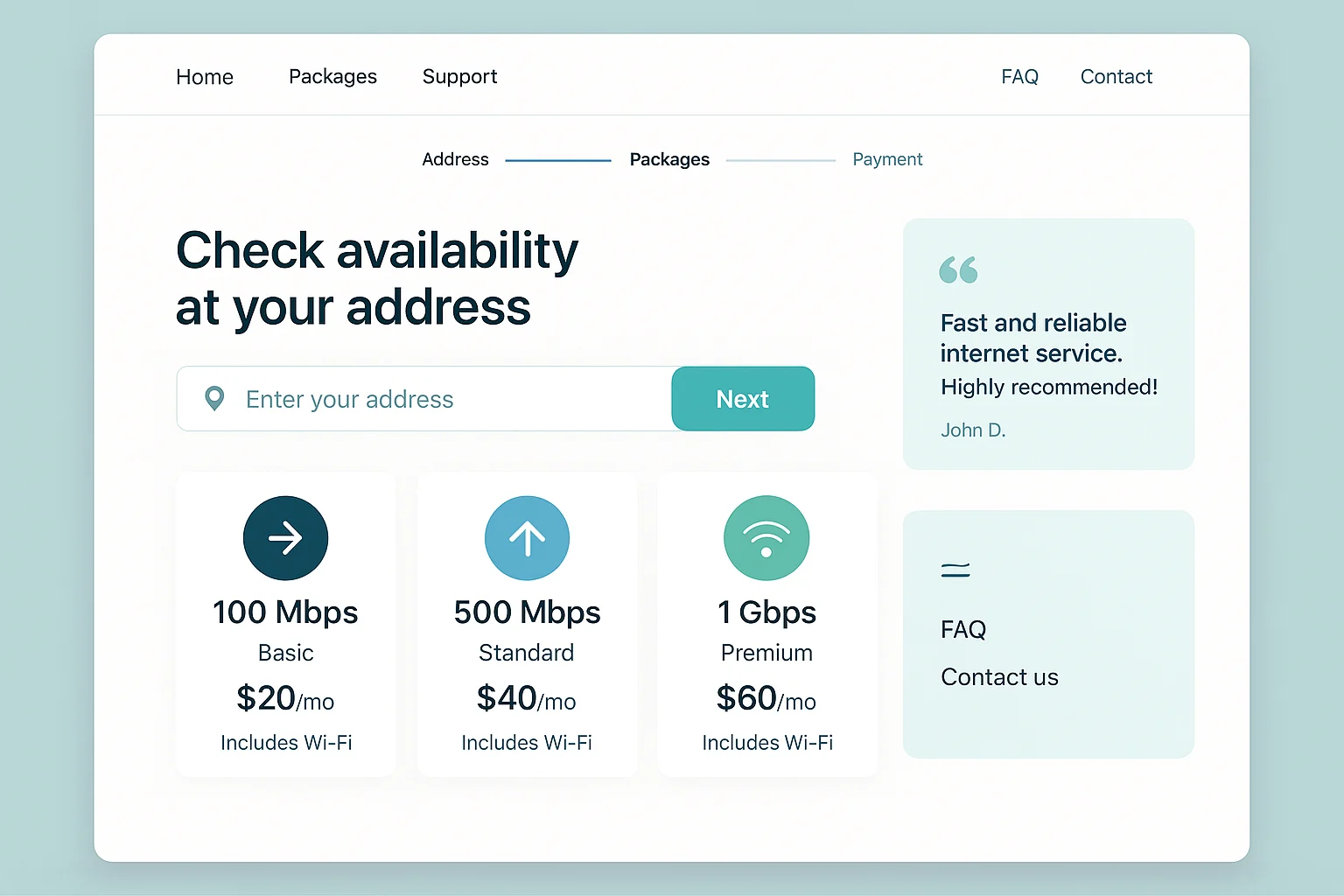Illustrated internet-service buy flow with an address check and plan selection.