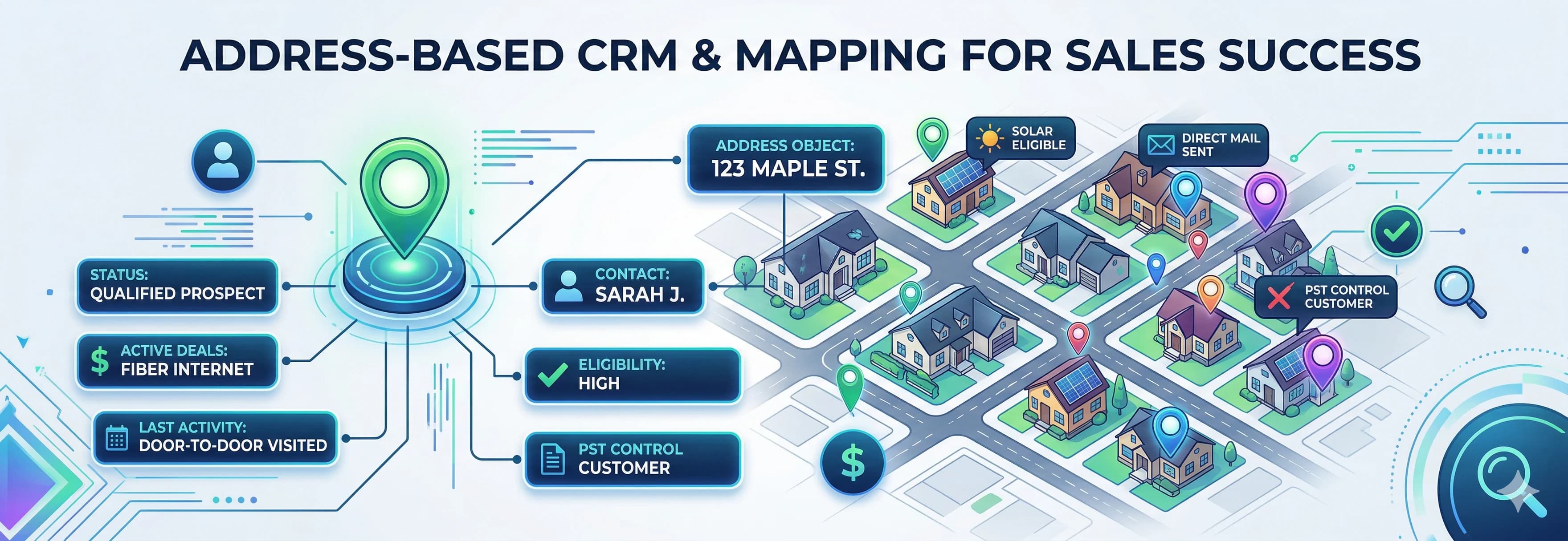 Illustrated address-based CRM and mapping workflow.