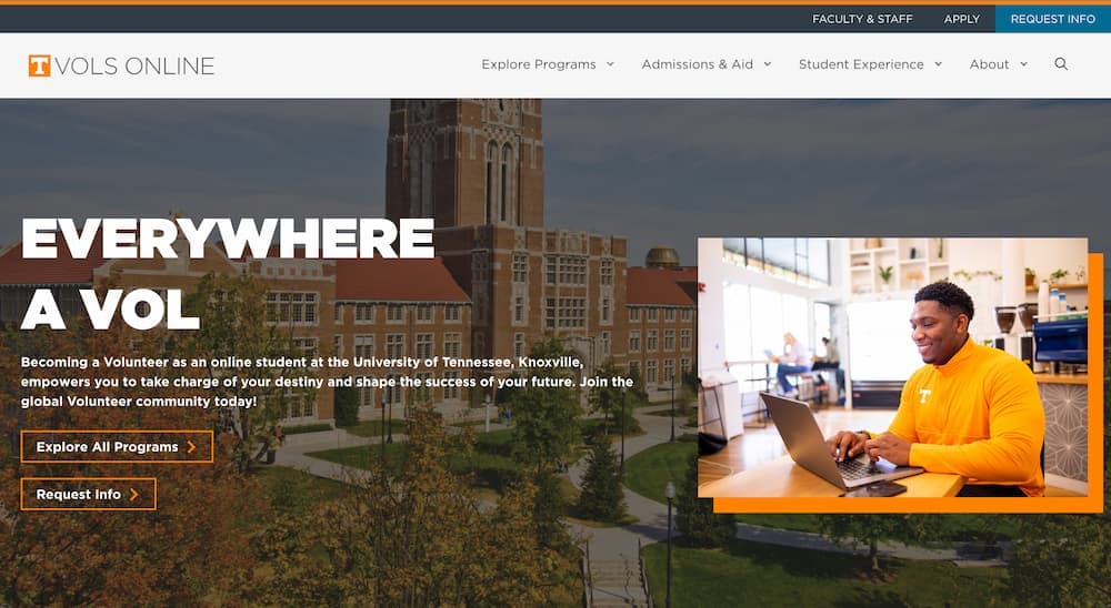 Vols Online homepage with the Everywhere Vol hero and online degree introduction, April 2023.
