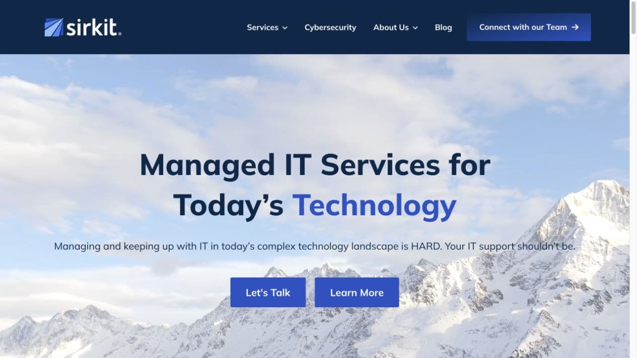 SIRKIT homepage showing its managed it and cybersecurity services