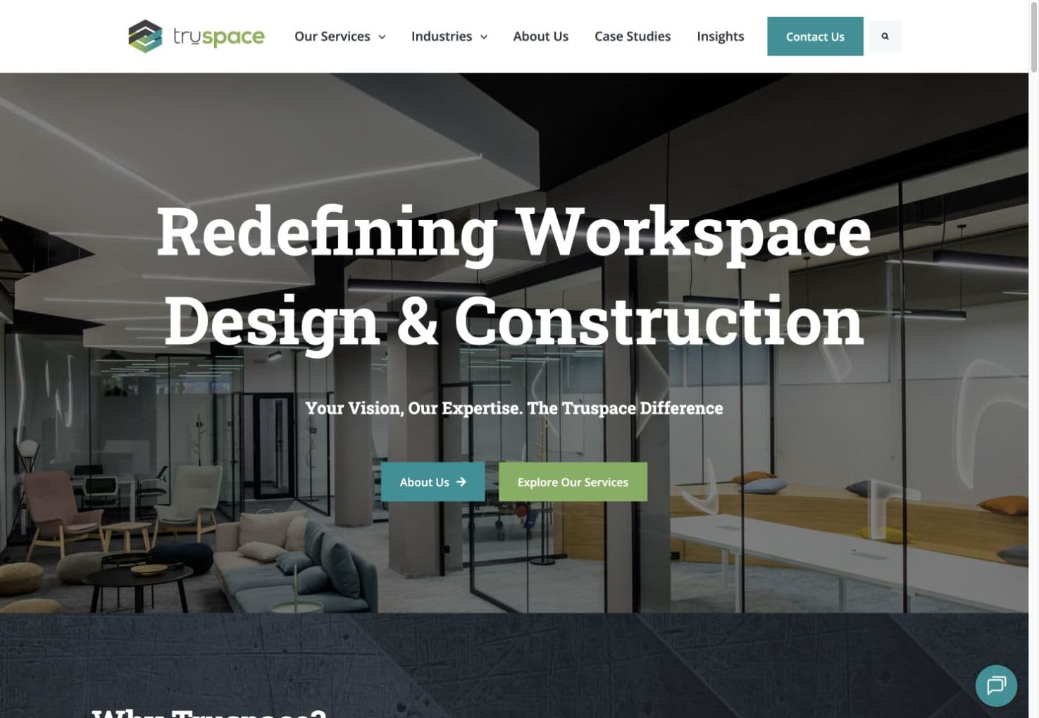 Truspace homepage showing its workplace design and construction services